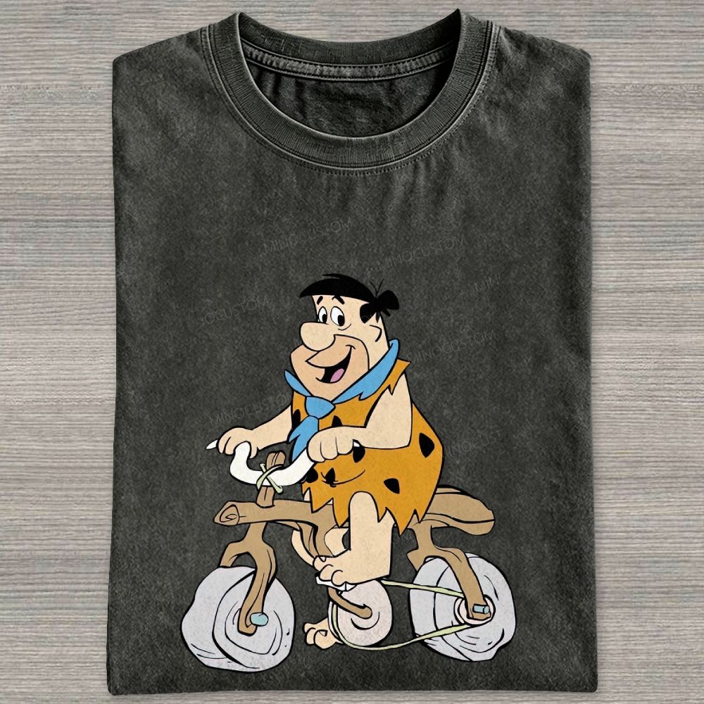 Vintage Stone Age Caveman Riding Stone Bicycle Graphic Washed T-shirt