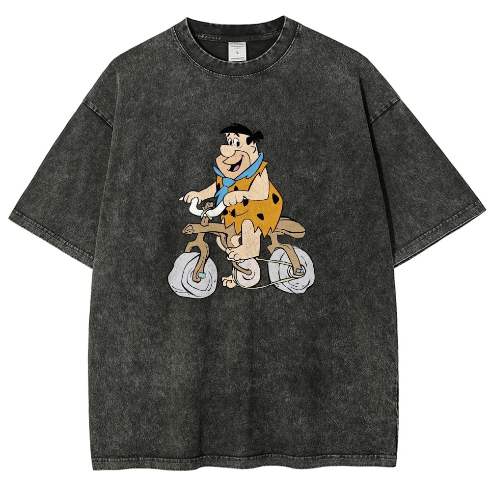 Vintage Stone Age Caveman Riding Stone Bicycle Graphic Washed T-shirt