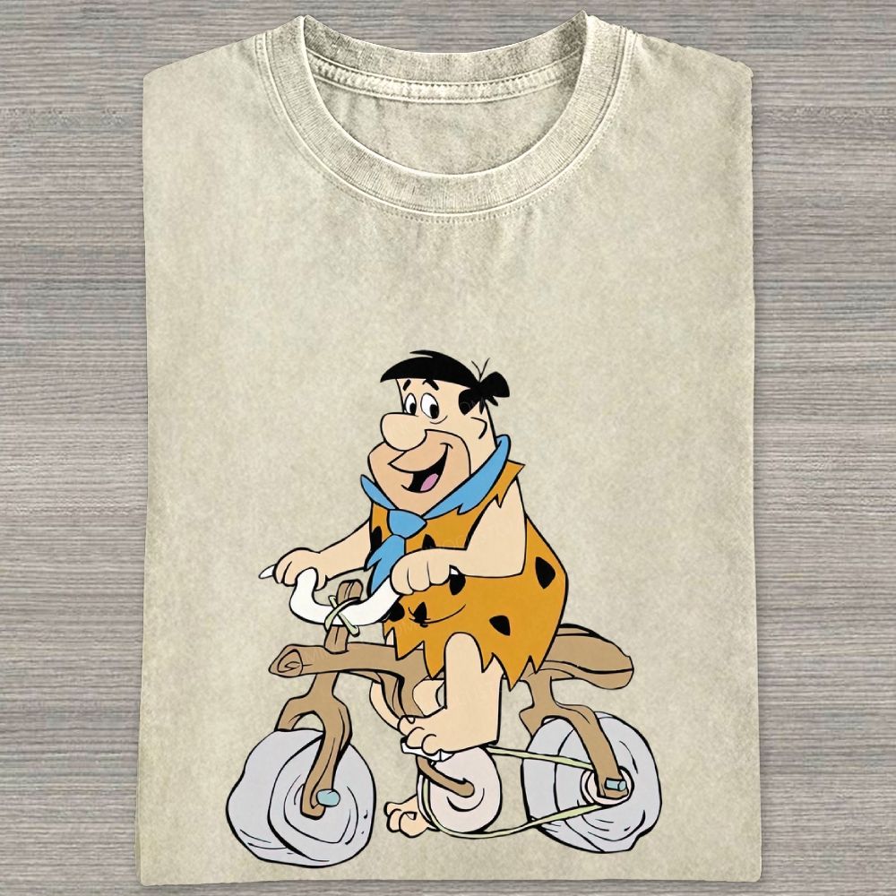 Vintage Stone Age Caveman Riding Stone Bicycle Graphic Washed T-shirt
