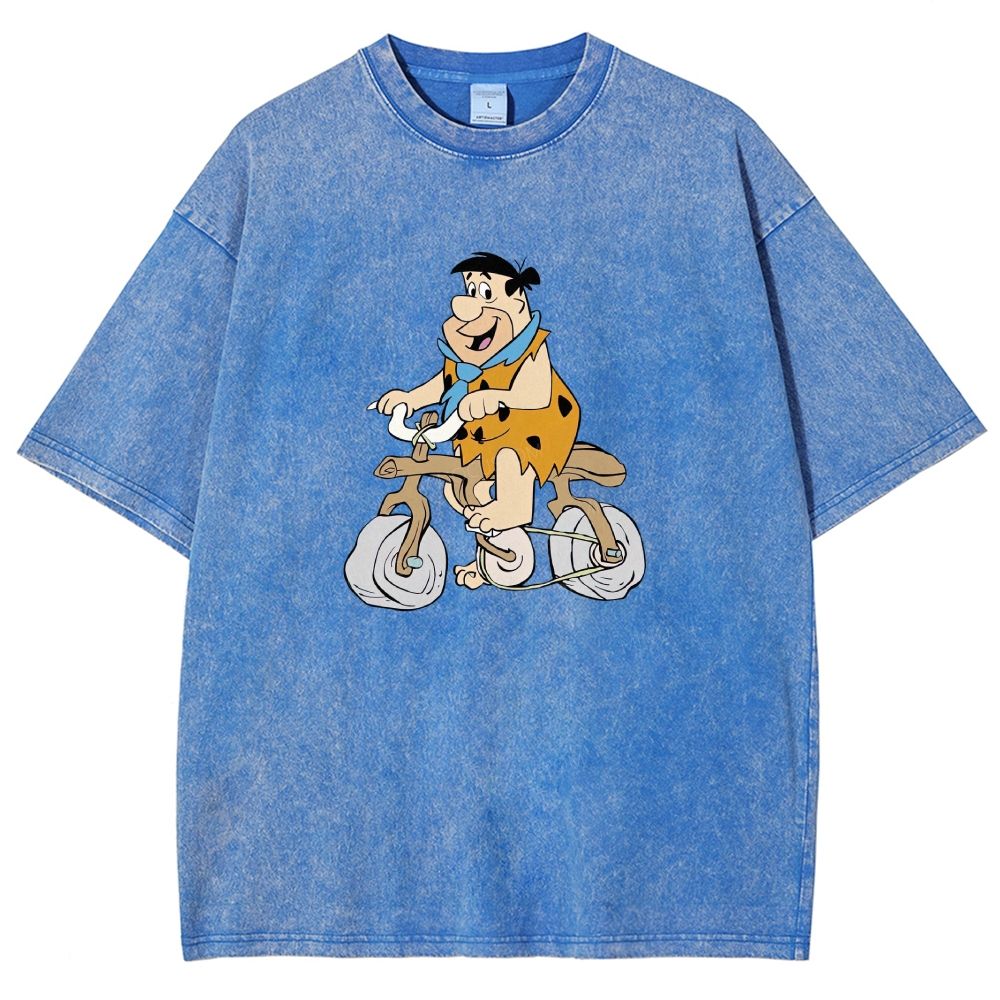 Vintage Stone Age Caveman Riding Stone Bicycle Graphic Washed T-shirt