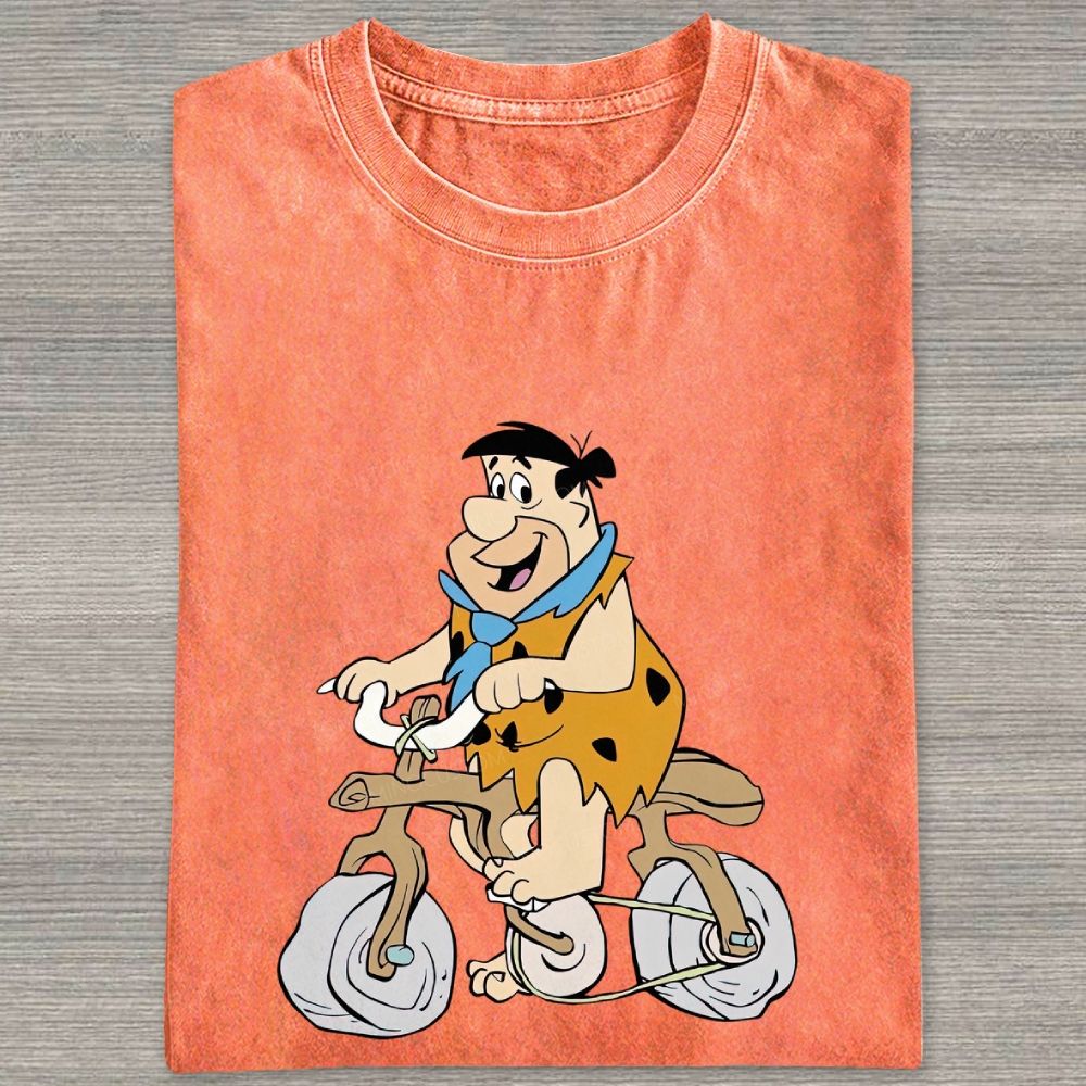 Vintage Stone Age Caveman Riding Stone Bicycle Graphic Washed T-shirt