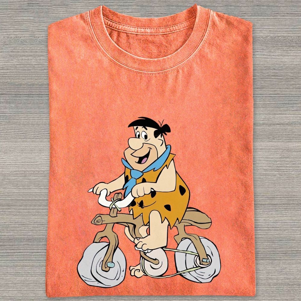 Vintage Stone Age Caveman Riding Stone Bicycle Graphic Washed T-shirt