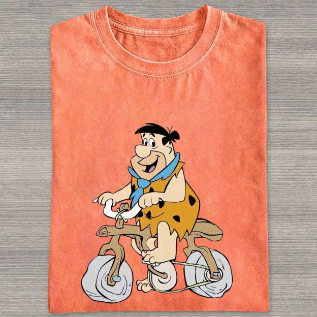 Vintage Stone Age Caveman Riding Stone Bicycle Graphic Washed T-shirt