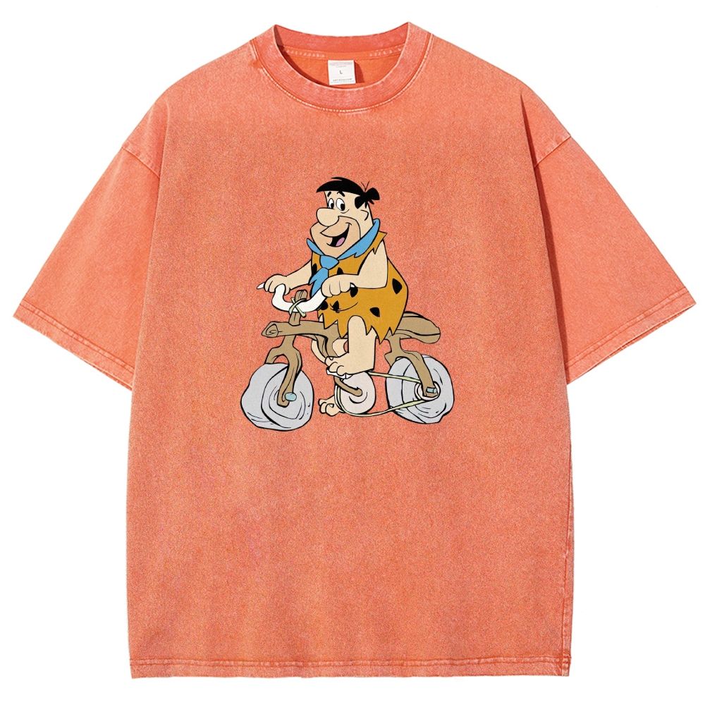 Vintage Stone Age Caveman Riding Stone Bicycle Graphic Washed T-shirt