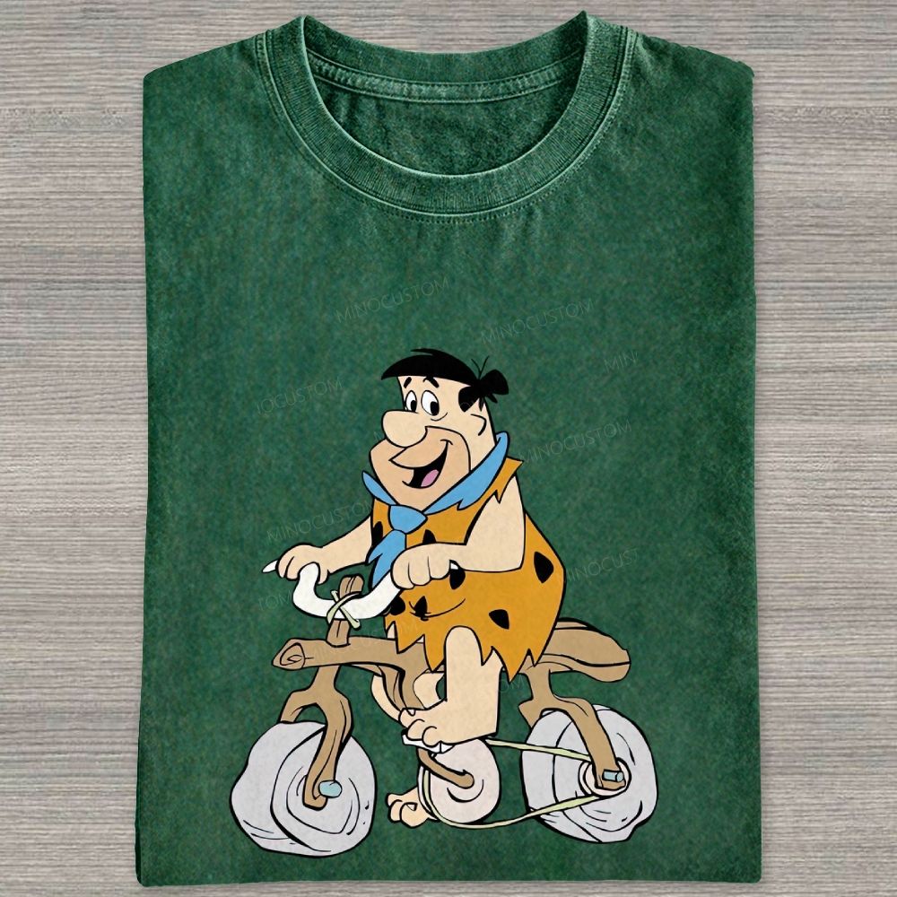 Vintage Stone Age Caveman Riding Stone Bicycle Graphic Washed T-shirt