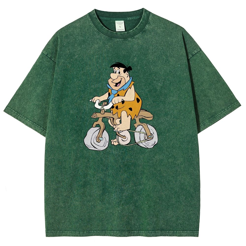 Vintage Stone Age Caveman Riding Stone Bicycle Graphic Washed T-shirt