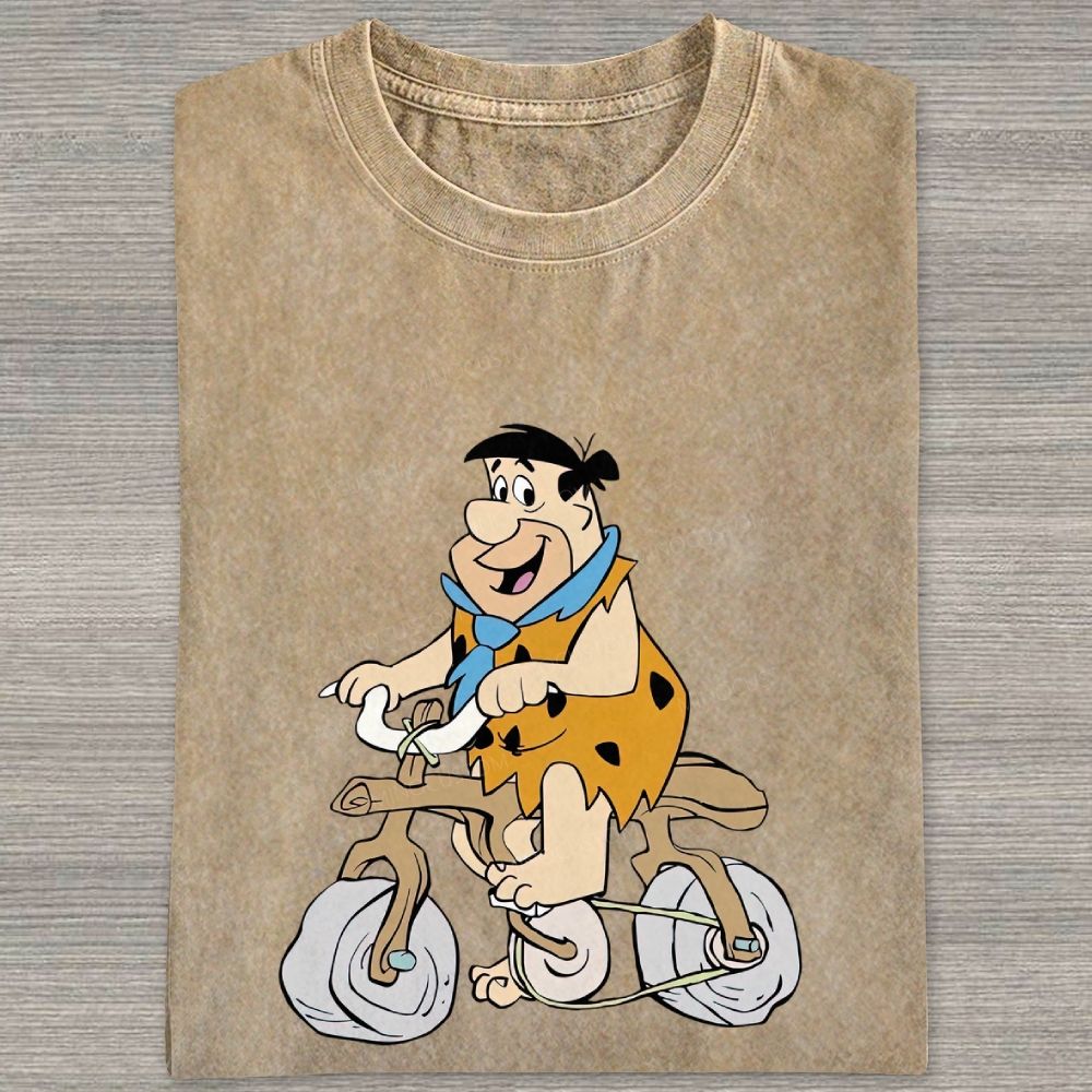 Vintage Stone Age Caveman Riding Stone Bicycle Graphic Washed T-shirt