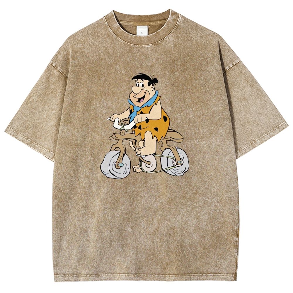 Vintage Stone Age Caveman Riding Stone Bicycle Graphic Washed T-shirt