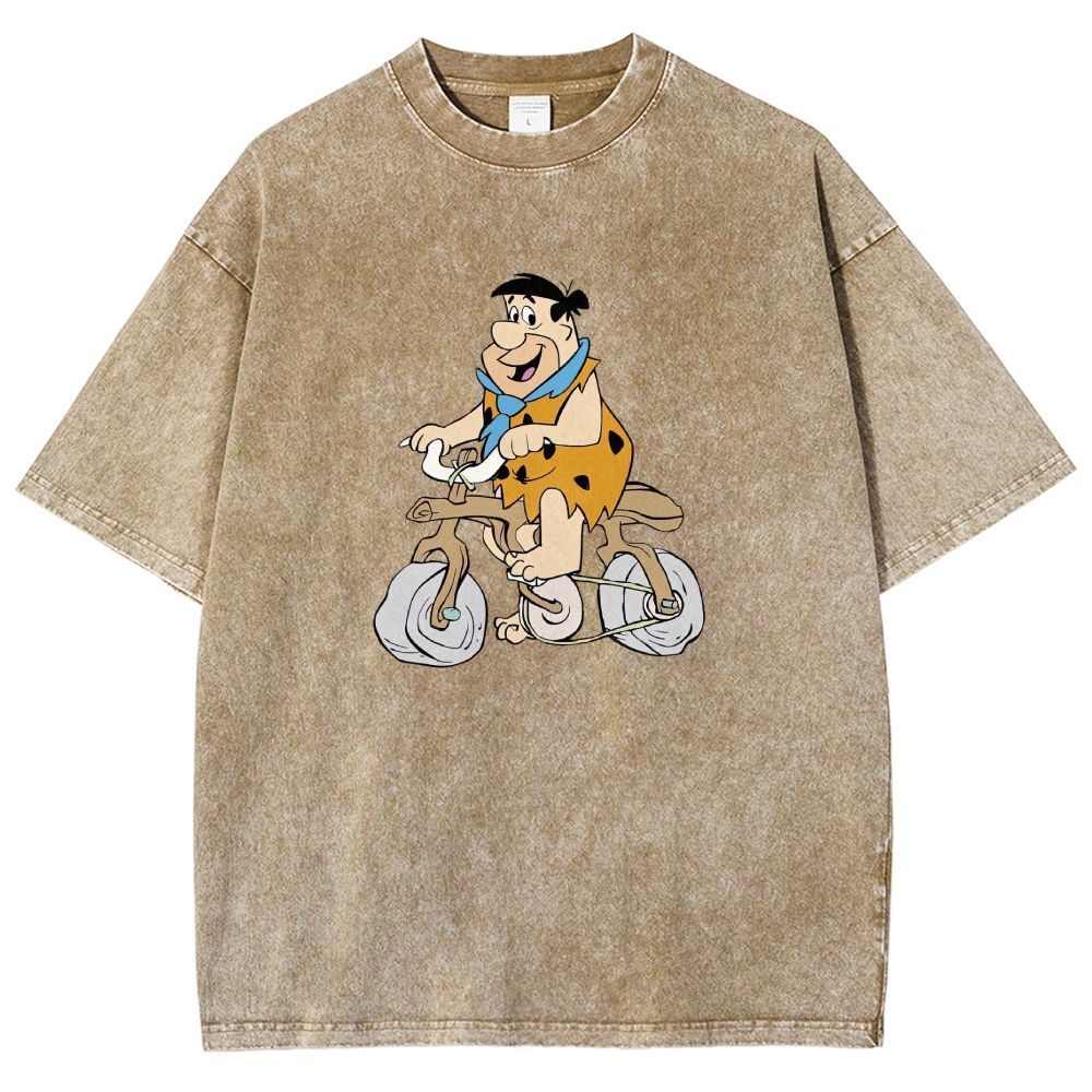 Vintage Stone Age Caveman Riding Stone Bicycle Graphic Washed T-shirt