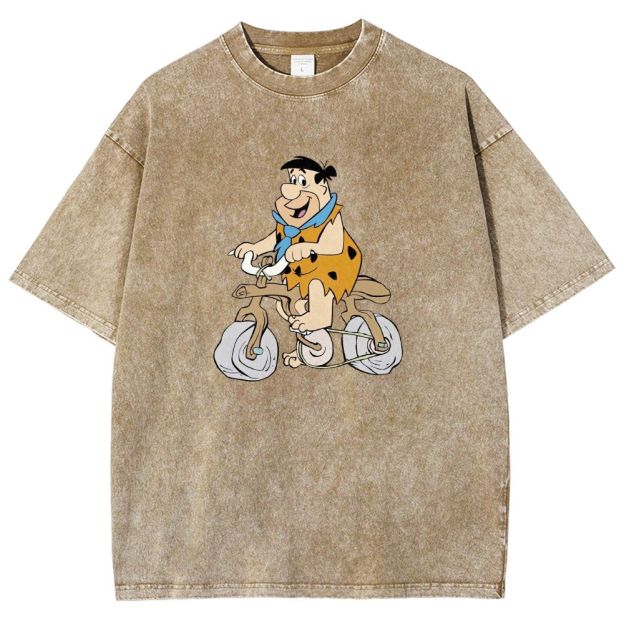 Vintage Stone Age Caveman Riding Stone Bicycle Graphic Washed T-shirt