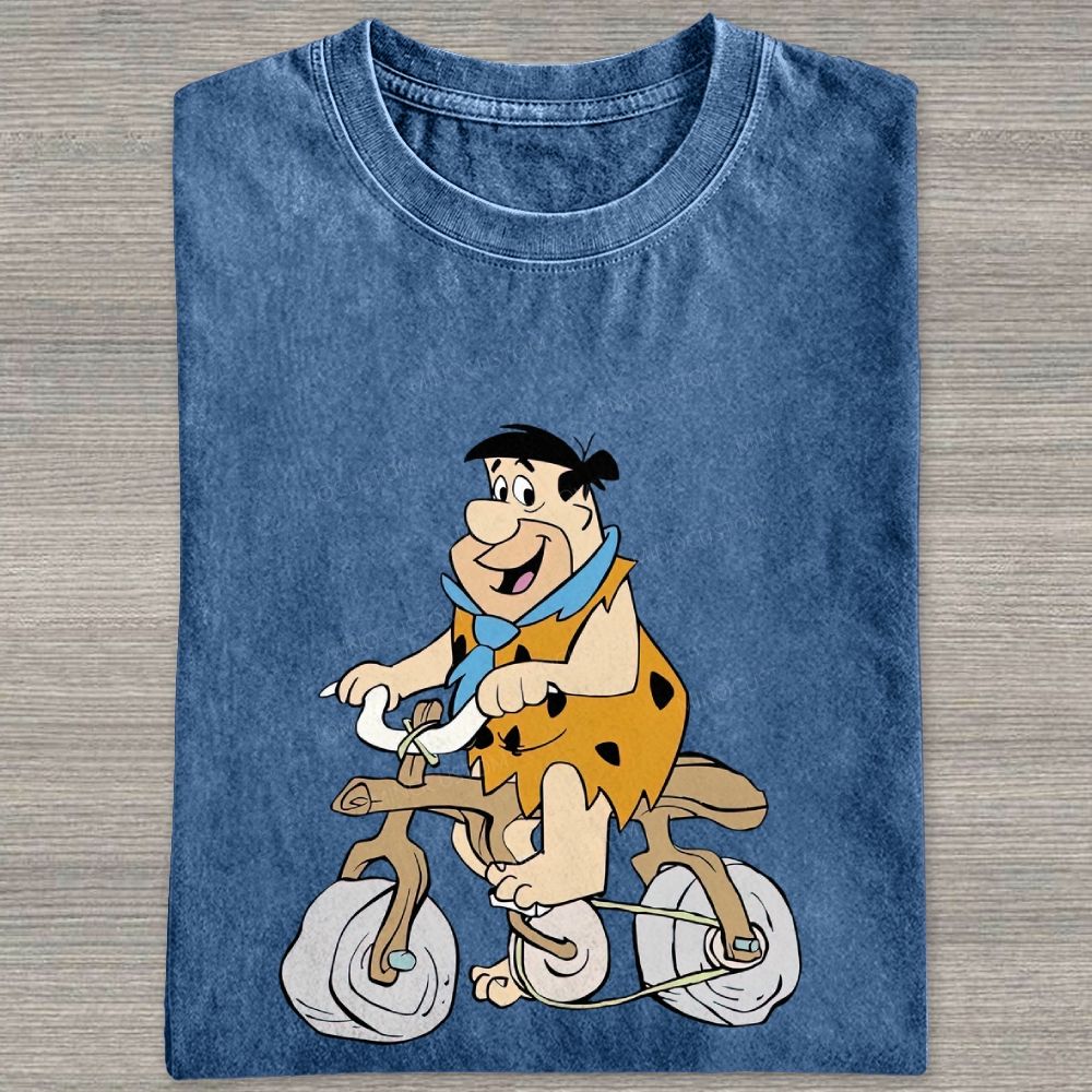 Vintage Stone Age Caveman Riding Stone Bicycle Graphic Washed T-shirt