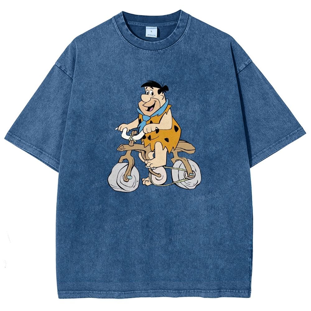 Vintage Stone Age Caveman Riding Stone Bicycle Graphic Washed T-shirt