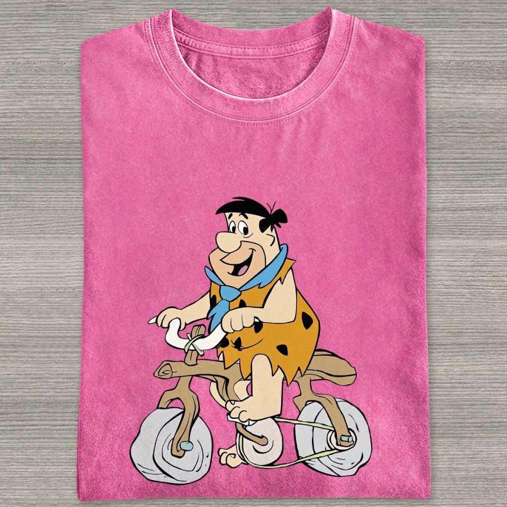 Vintage Stone Age Caveman Riding Stone Bicycle Graphic Washed T-shirt