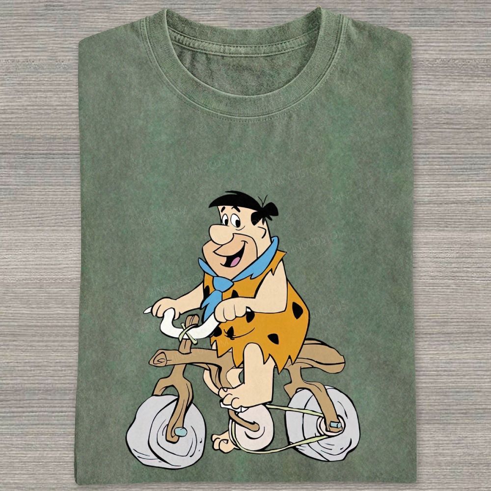 Vintage Stone Age Caveman Riding Stone Bicycle Graphic Washed T-shirt