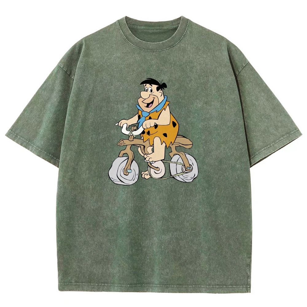 Vintage Stone Age Caveman Riding Stone Bicycle Graphic Washed T-shirt