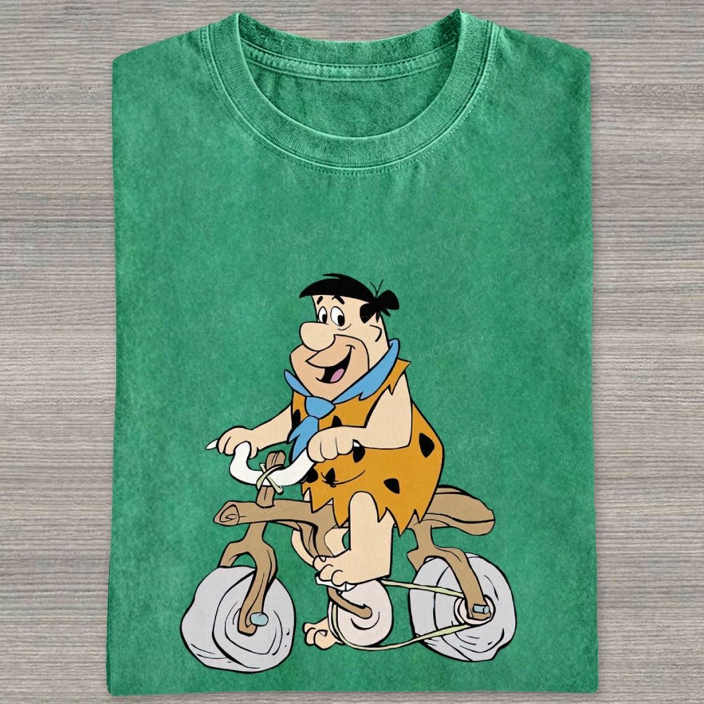 Vintage Stone Age Caveman Riding Stone Bicycle Graphic Washed T-shirt
