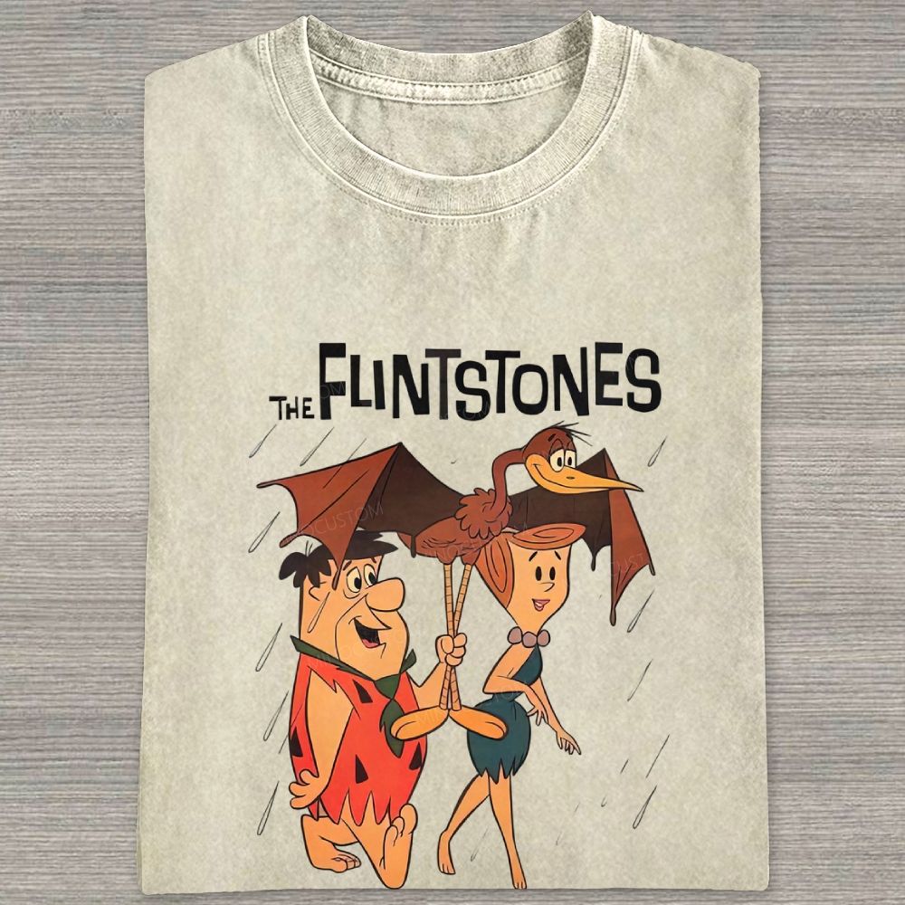 Vintage Stone Age Cave Couple In Rain Prehistoric Dinosaur Umbrella Washed T-shirt