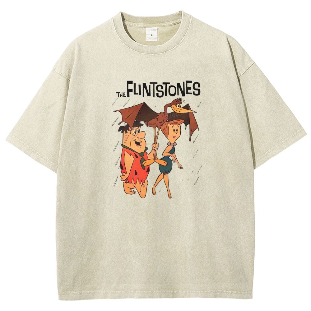Vintage Stone Age Cave Couple In Rain Prehistoric Dinosaur Umbrella Washed T-shirt