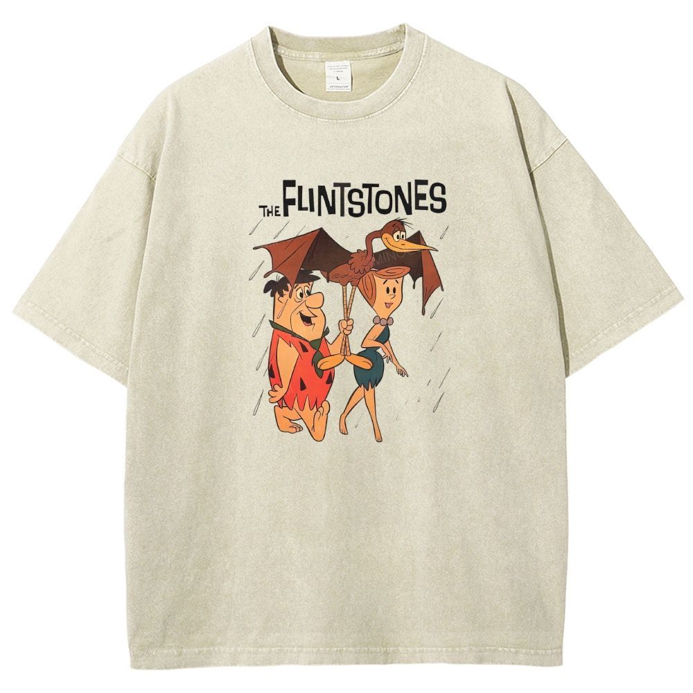 Vintage Stone Age Cave Couple In Rain Prehistoric Dinosaur Umbrella Washed T-shirt