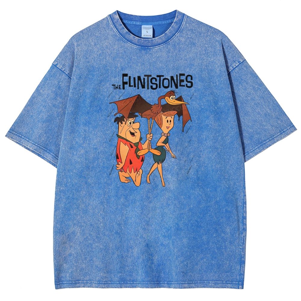 Vintage Stone Age Cave Couple In Rain Prehistoric Dinosaur Umbrella Washed T-shirt