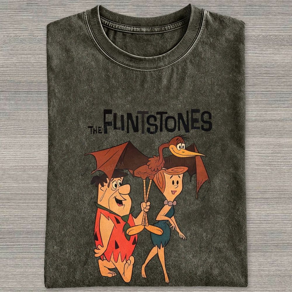 Vintage Stone Age Cave Couple In Rain Prehistoric Dinosaur Umbrella Washed T-shirt