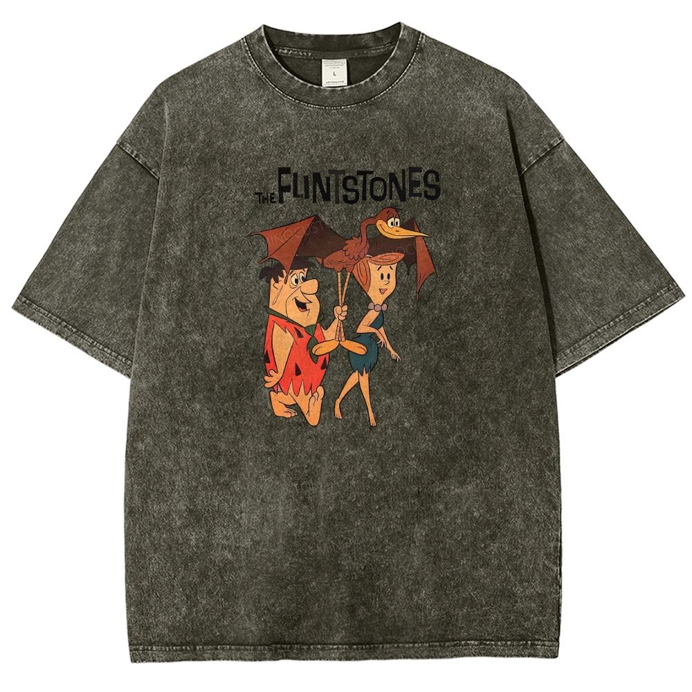 Vintage Stone Age Cave Couple In Rain Prehistoric Dinosaur Umbrella Washed T-shirt