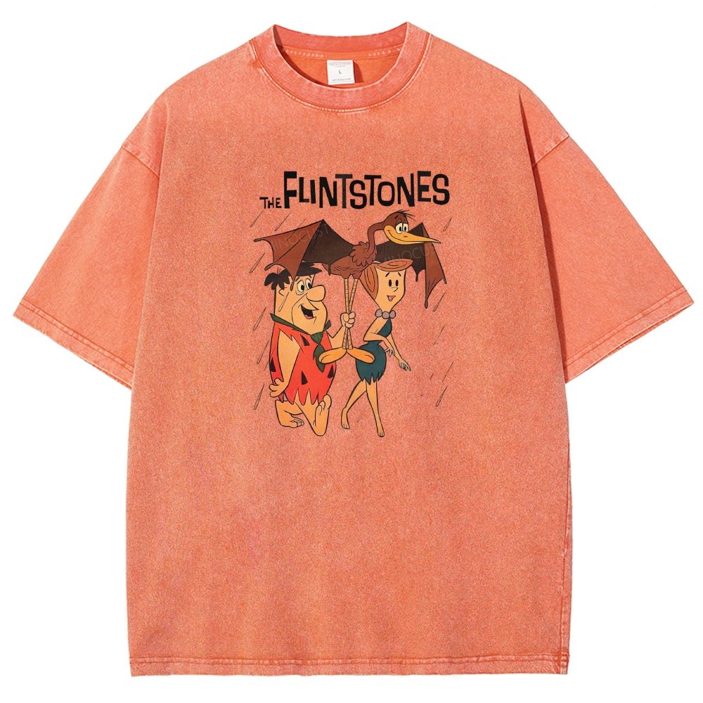 Vintage Stone Age Cave Couple In Rain Prehistoric Dinosaur Umbrella Washed T-shirt
