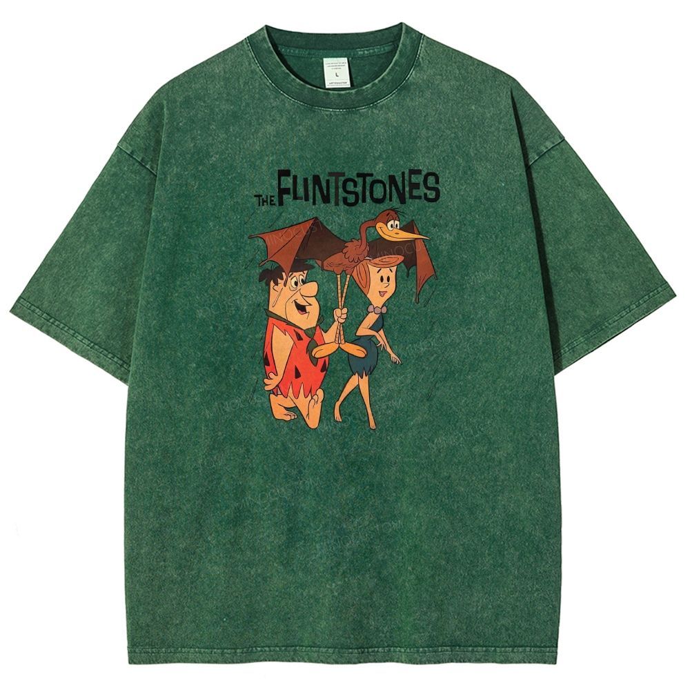 Vintage Stone Age Cave Couple In Rain Prehistoric Dinosaur Umbrella Washed T-shirt