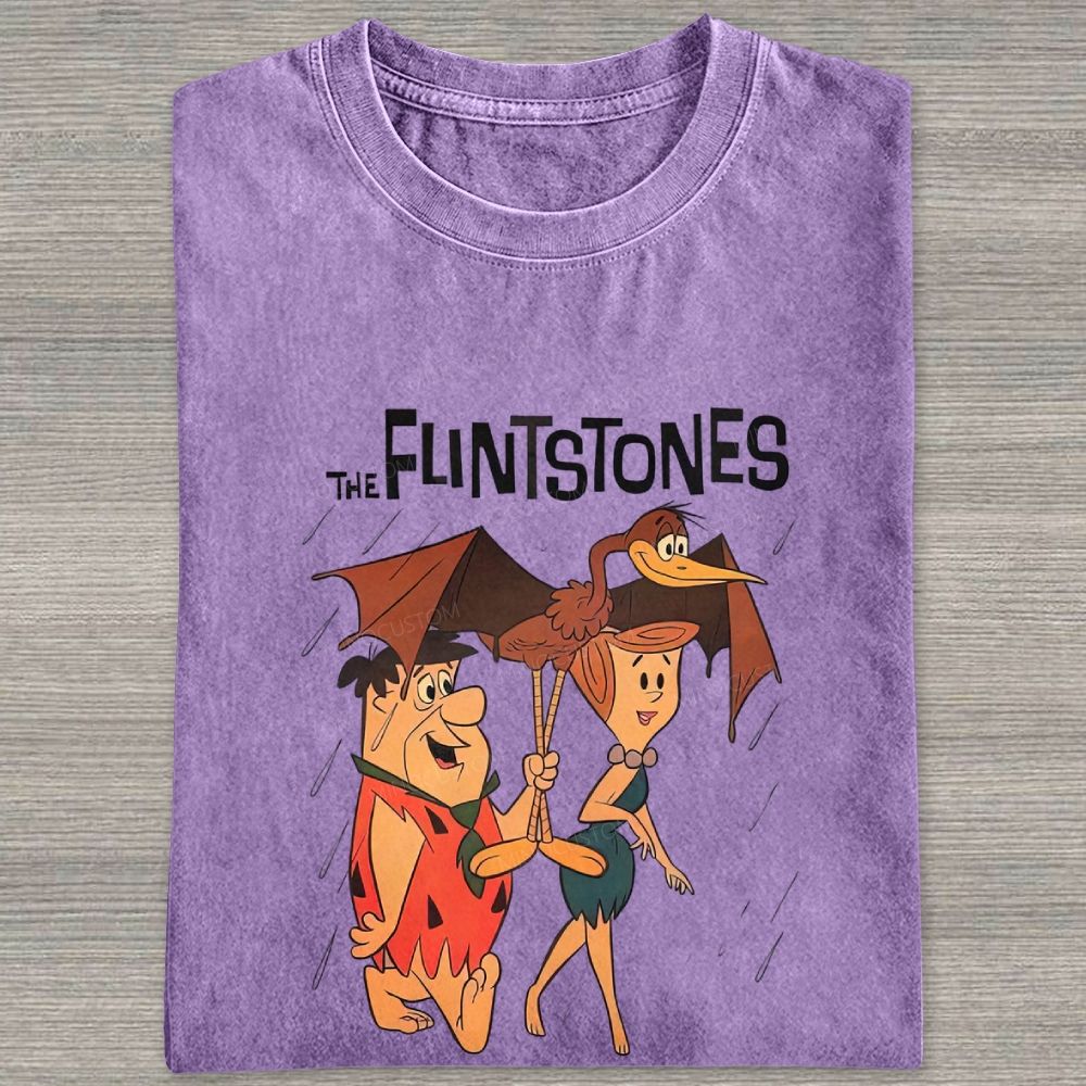Vintage Stone Age Cave Couple In Rain Prehistoric Dinosaur Umbrella Washed T-shirt