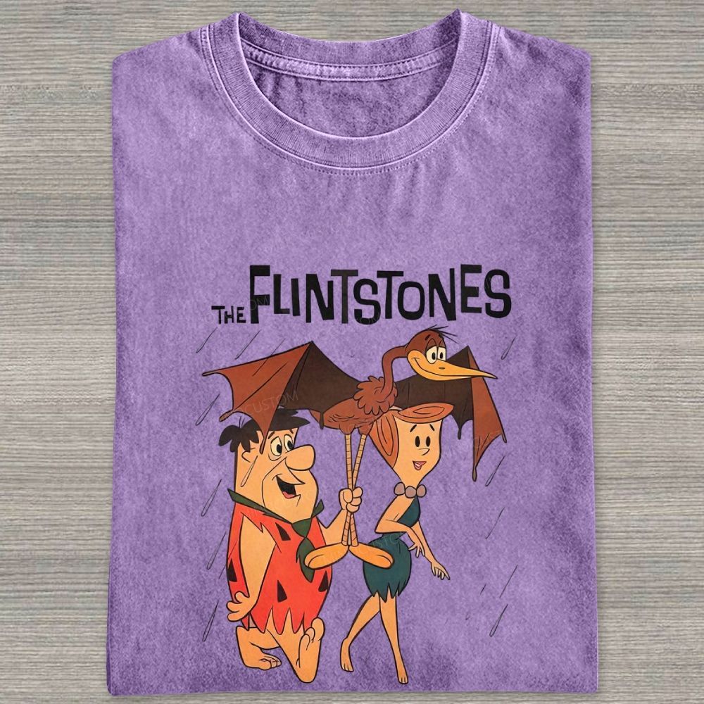 Vintage Stone Age Cave Couple In Rain Prehistoric Dinosaur Umbrella Washed T-shirt