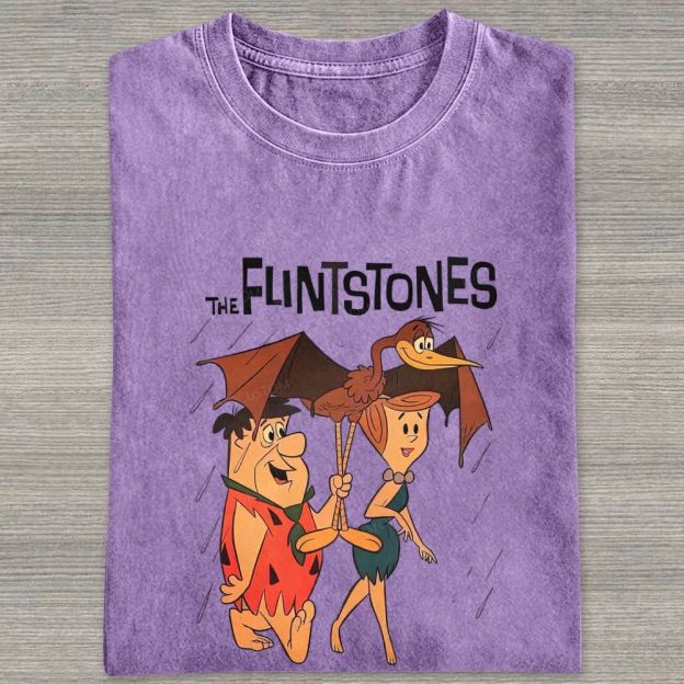 Vintage Stone Age Cave Couple In Rain Prehistoric Dinosaur Umbrella Washed T-shirt