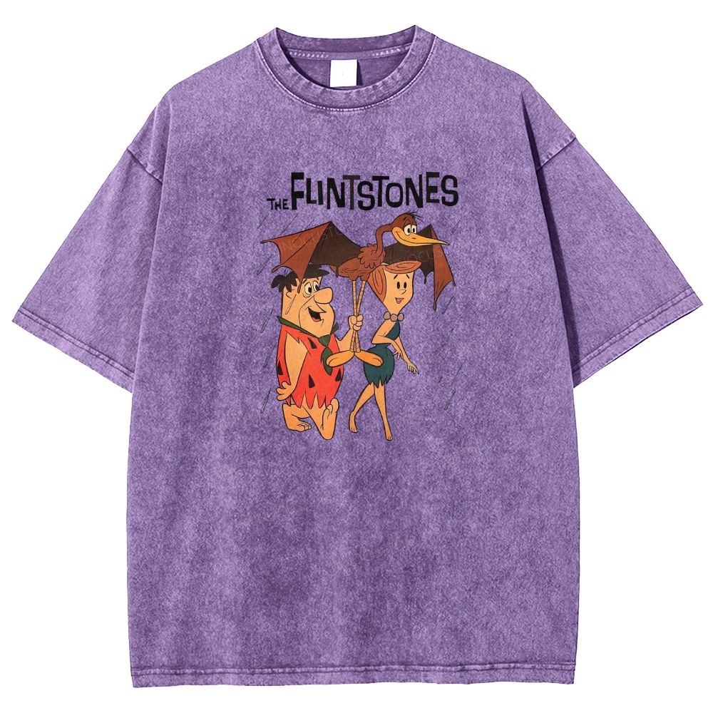 Vintage Stone Age Cave Couple In Rain Prehistoric Dinosaur Umbrella Washed T-shirt