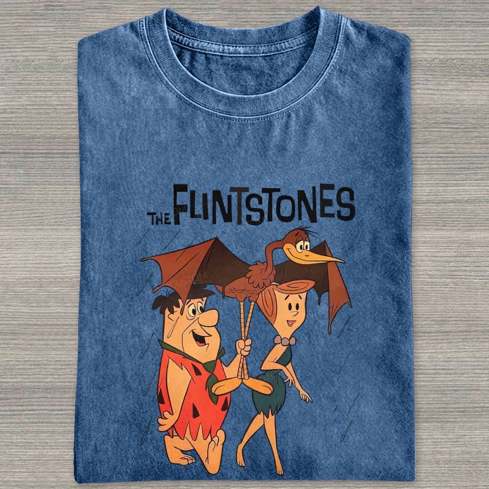 Vintage Stone Age Cave Couple In Rain Prehistoric Dinosaur Umbrella Washed T-shirt