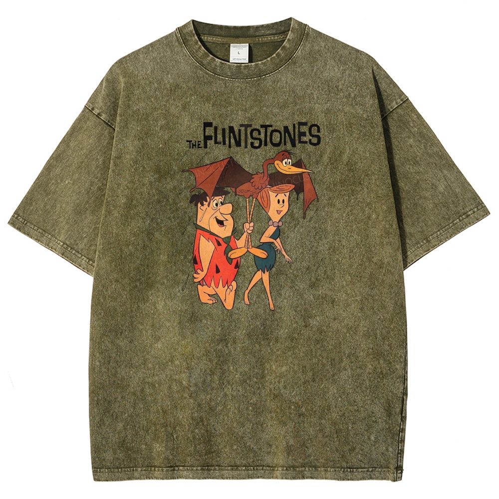 Vintage Stone Age Cave Couple In Rain Prehistoric Dinosaur Umbrella Washed T-shirt