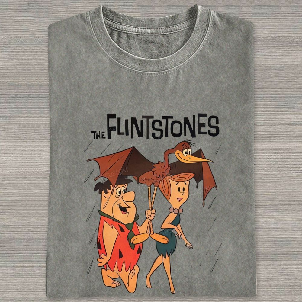 Vintage Stone Age Cave Couple In Rain Prehistoric Dinosaur Umbrella Washed T-shirt