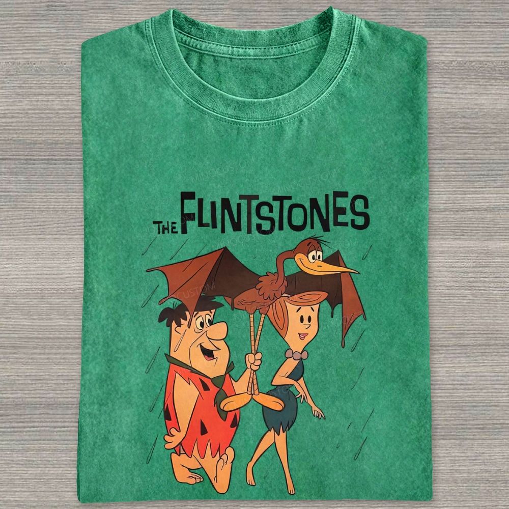 Vintage Stone Age Cave Couple In Rain Prehistoric Dinosaur Umbrella Washed T-shirt