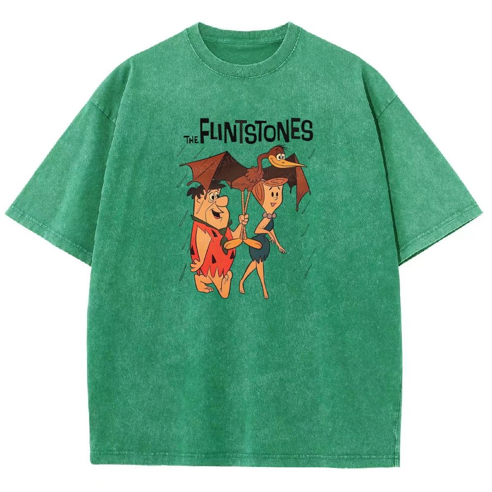 Vintage Stone Age Cave Couple In Rain Prehistoric Dinosaur Umbrella Washed T-shirt