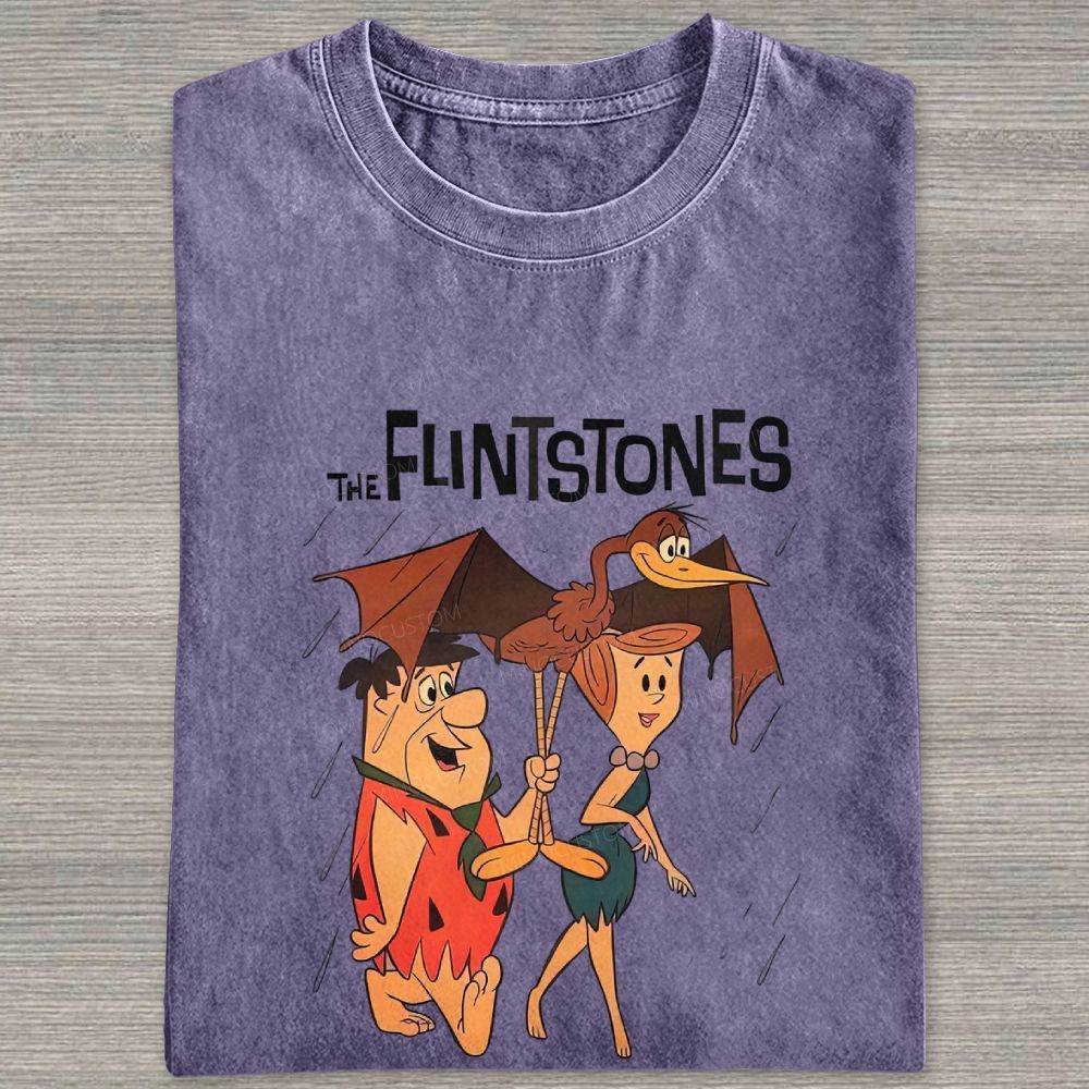 Vintage Stone Age Cave Couple In Rain Prehistoric Dinosaur Umbrella Washed T-shirt