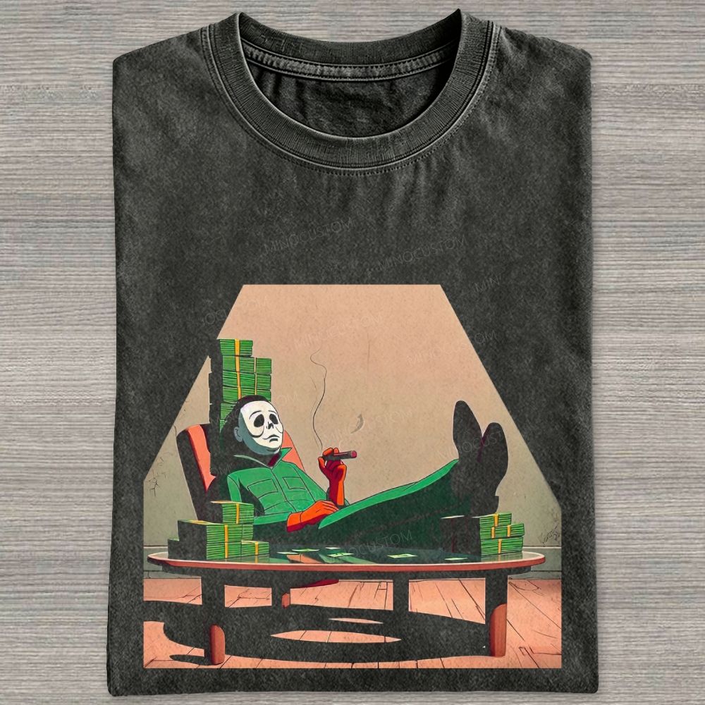 Vintage Horror Mask Villain Relaxing With Money Stacks Graphic Washed T-shirt
