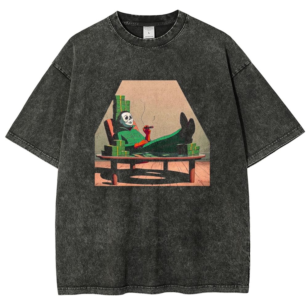 Vintage Horror Mask Villain Relaxing With Money Stacks Graphic Washed T-shirt