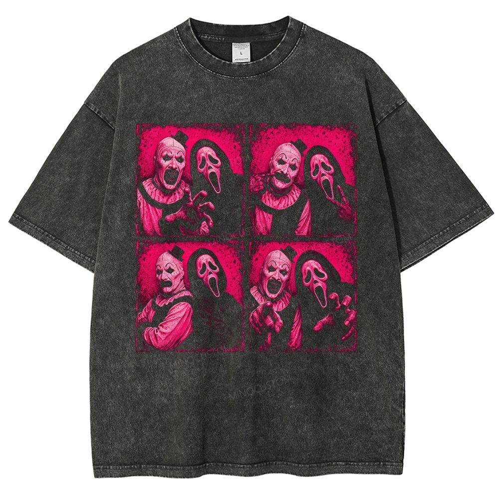 Vintage Pink Tone Horror Monster Quad Panel Collage Unisex Fit Washed T-Shirt
