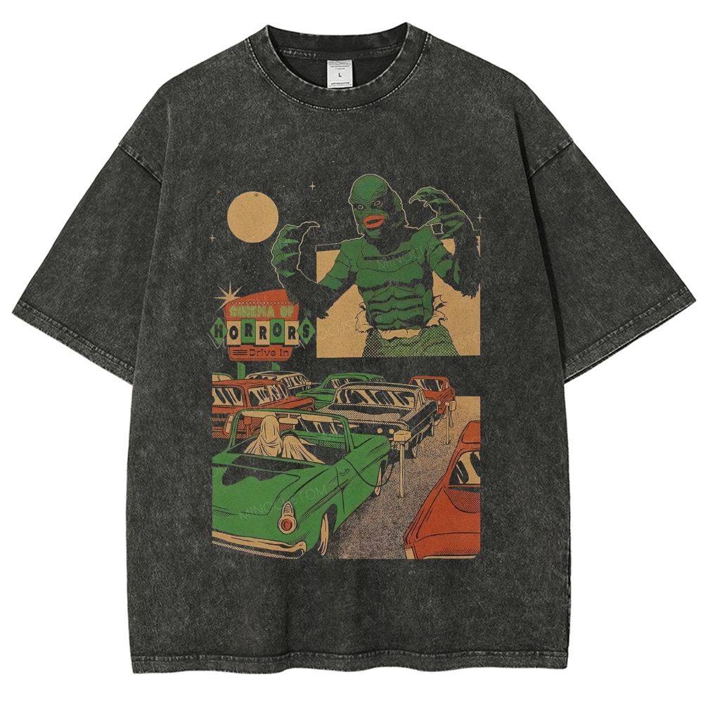 Vintage Drive‑in Horror Movie Theater Retro Monster Graphic Unisex Fit Washed T-Shirt