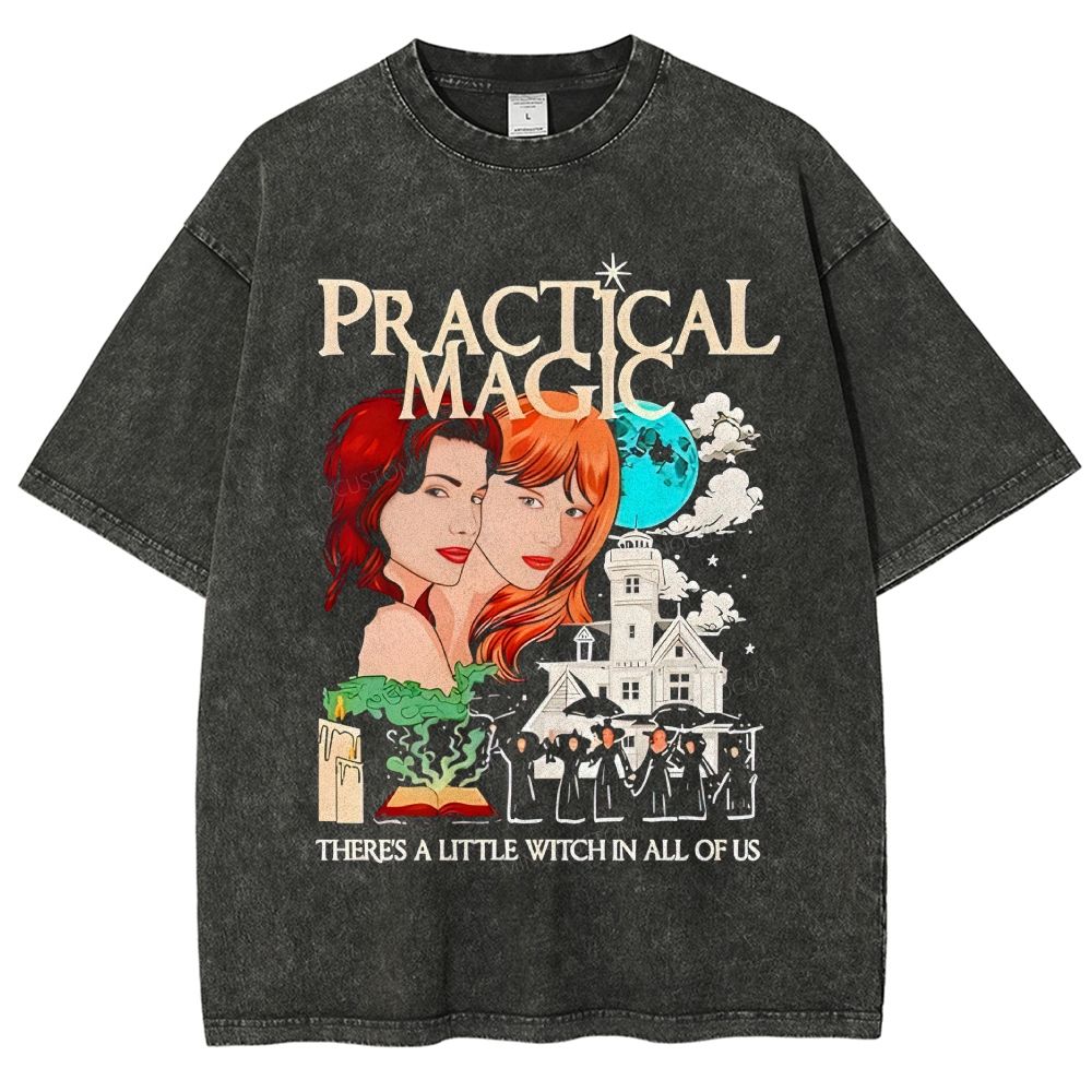 Vintage Witch Sisters Gothic House Moon Graphic Unisex Fit Washed T-Shirt