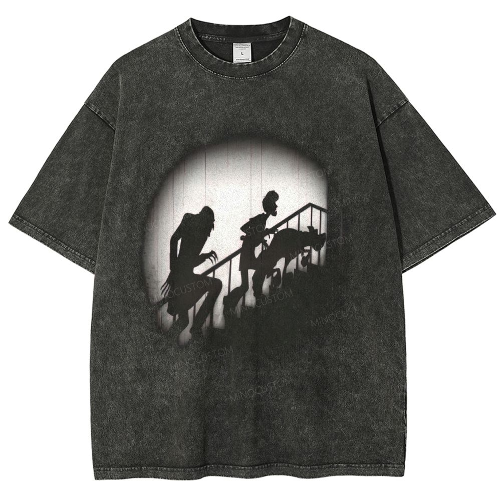 Vintage Gothic Shadow Monster Staircase Scene Graphic Unisex Fit Washed T-Shirt