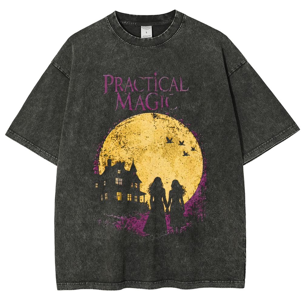 Vintage Witch Couple Silhouette Full Moon Haunted House Unisex Fit Washed T-Shirt