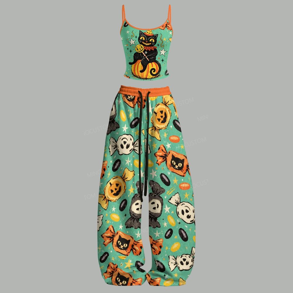 Vintage Halloween Black Cat Pumpkin Top & Elasticated Trousers Two-Piece Set
