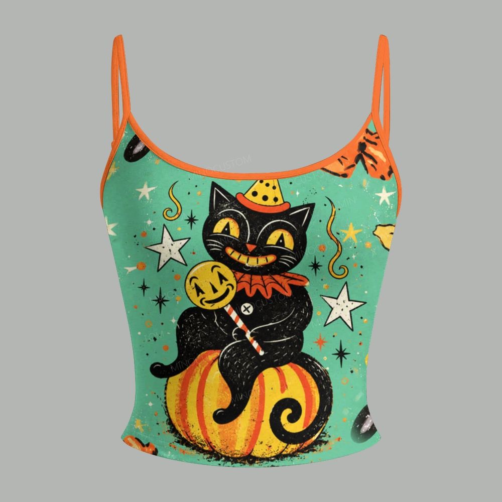 Vintage Halloween Black Cat Pumpkin Top & Elasticated Trousers Two-Piece Set