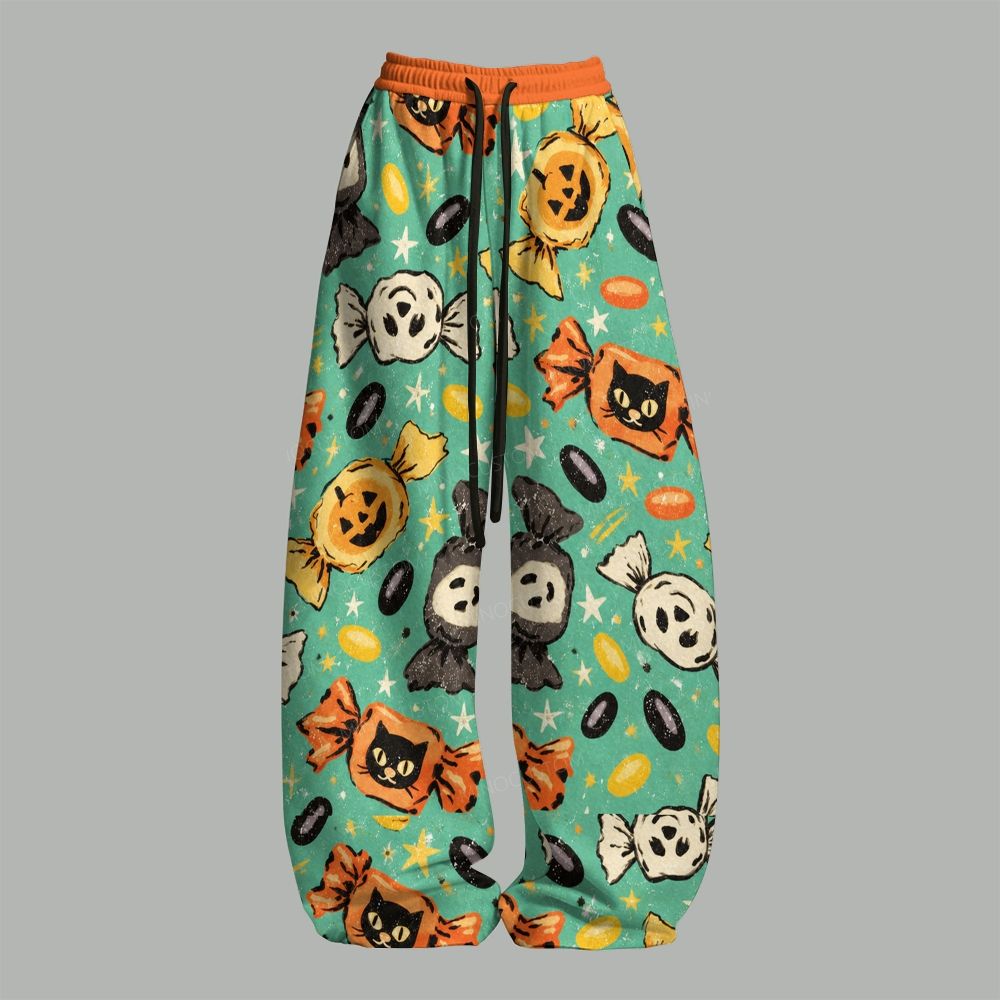 Vintage Halloween Black Cat Pumpkin Top & Elasticated Trousers Two-Piece Set