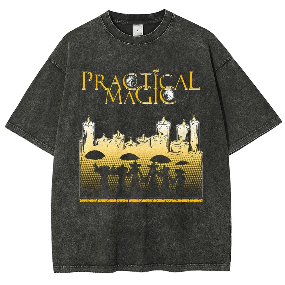 Vintage Witch Ritual Candles Silhouette Retro Gothic Unisex Fit Washed T-Shirt