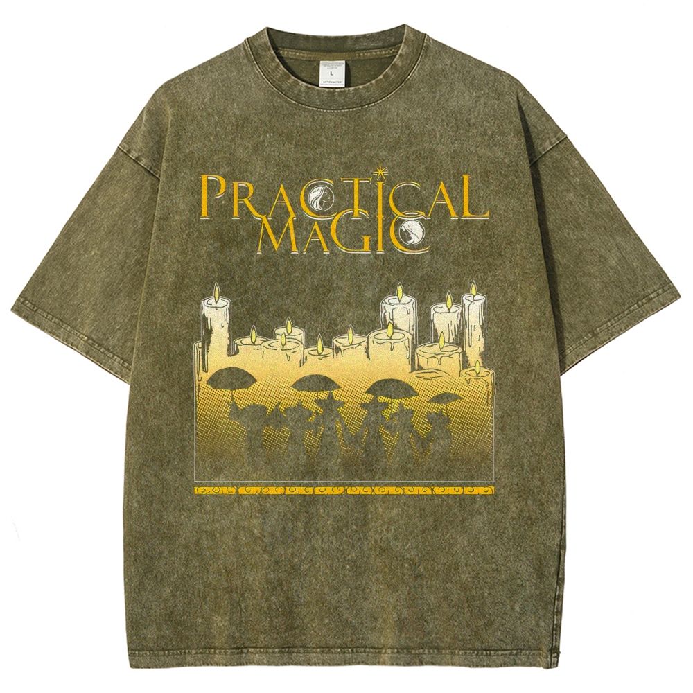 Vintage Witch Ritual Candles Silhouette Retro Gothic Unisex Fit Washed T-Shirt